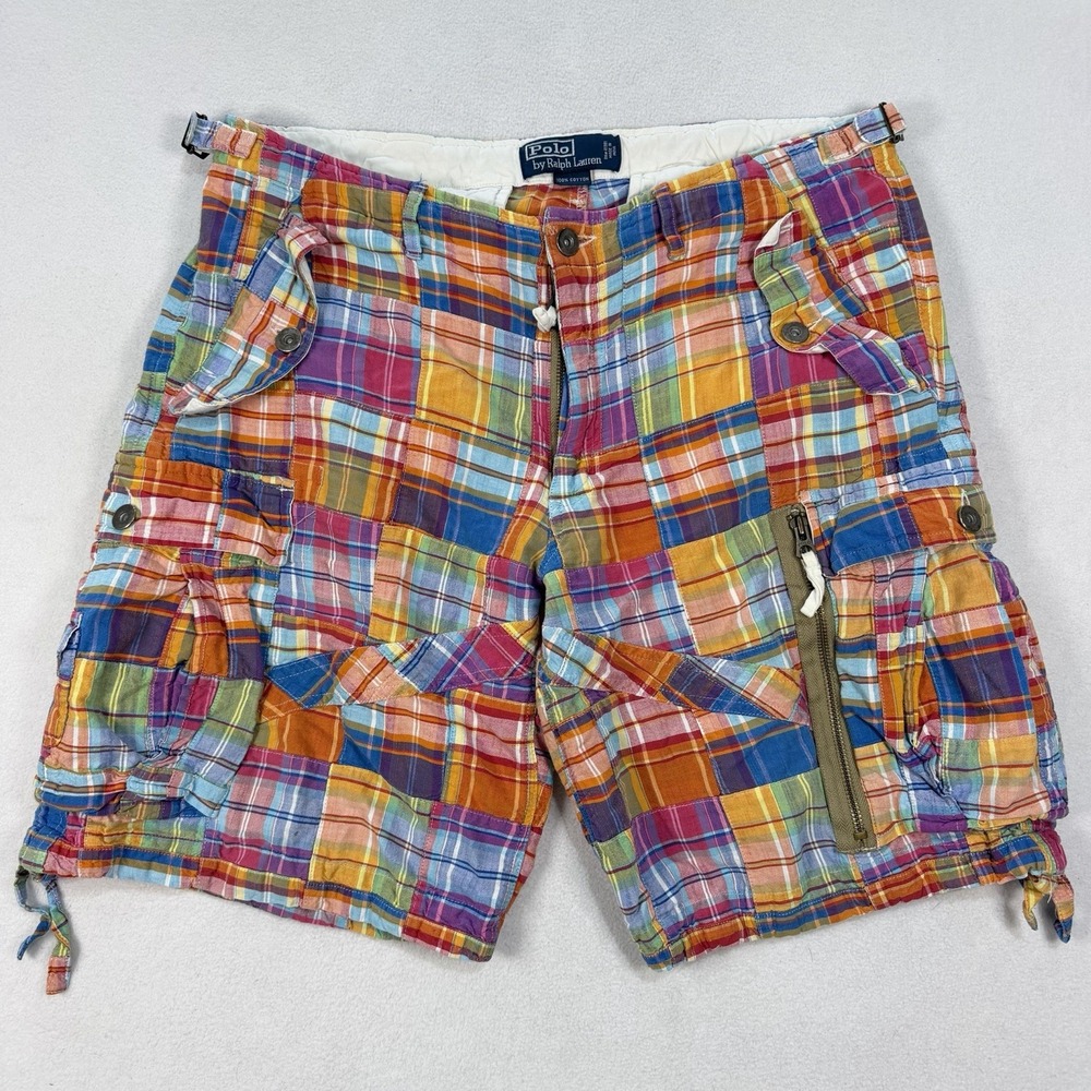 VTG Polo Ralph Lauren Patchwork Madras Cargo Shorts Mens 33 Plaid Cotton Y2K